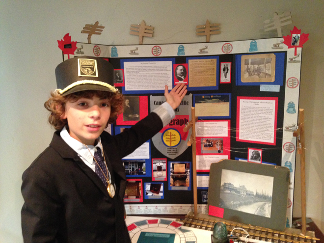 Grade 7 student Jeremy Murray from Queen Elizabeth Elementary School in Vancouver, whose project CPR Telegraph featured his great-great-grandfather who played a major role in the telegraph coming across Canada. note: The watch he’s wearing was his ancestor’s train watch.
