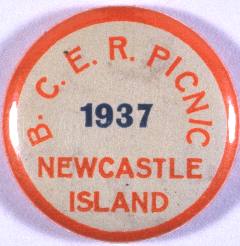 A souvenir button from the BCE Newcastle Island picnic of 1937