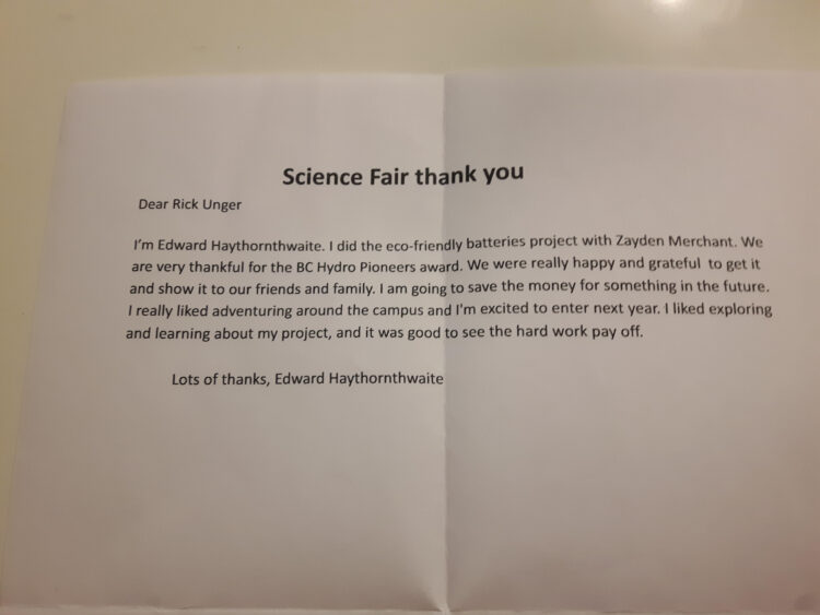 thank you letter from Okanagan science fair winners