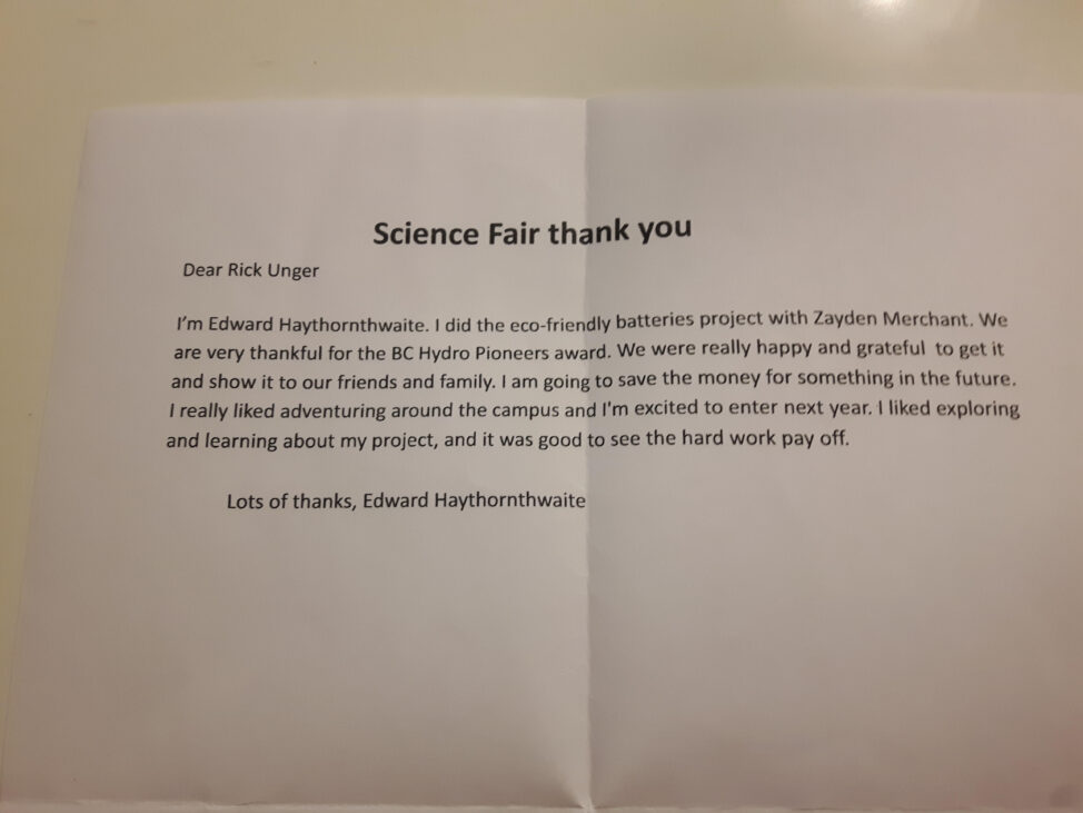 thank you letter from Okanagan science fair winners